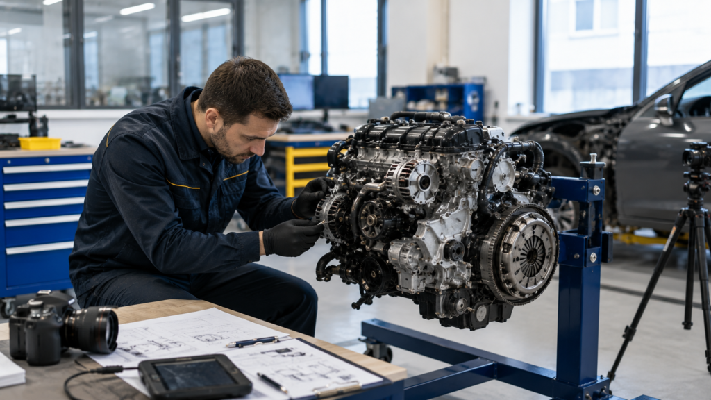 Эксперт проводит экспертизу двигателя автомобиля